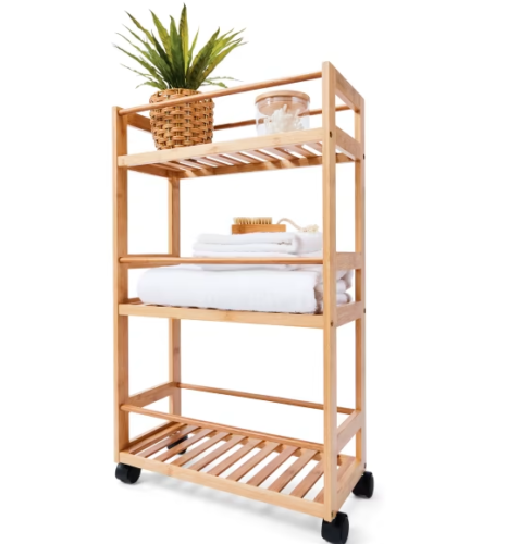 3 Shelf Bamboo Slimline Trolley with Wheels