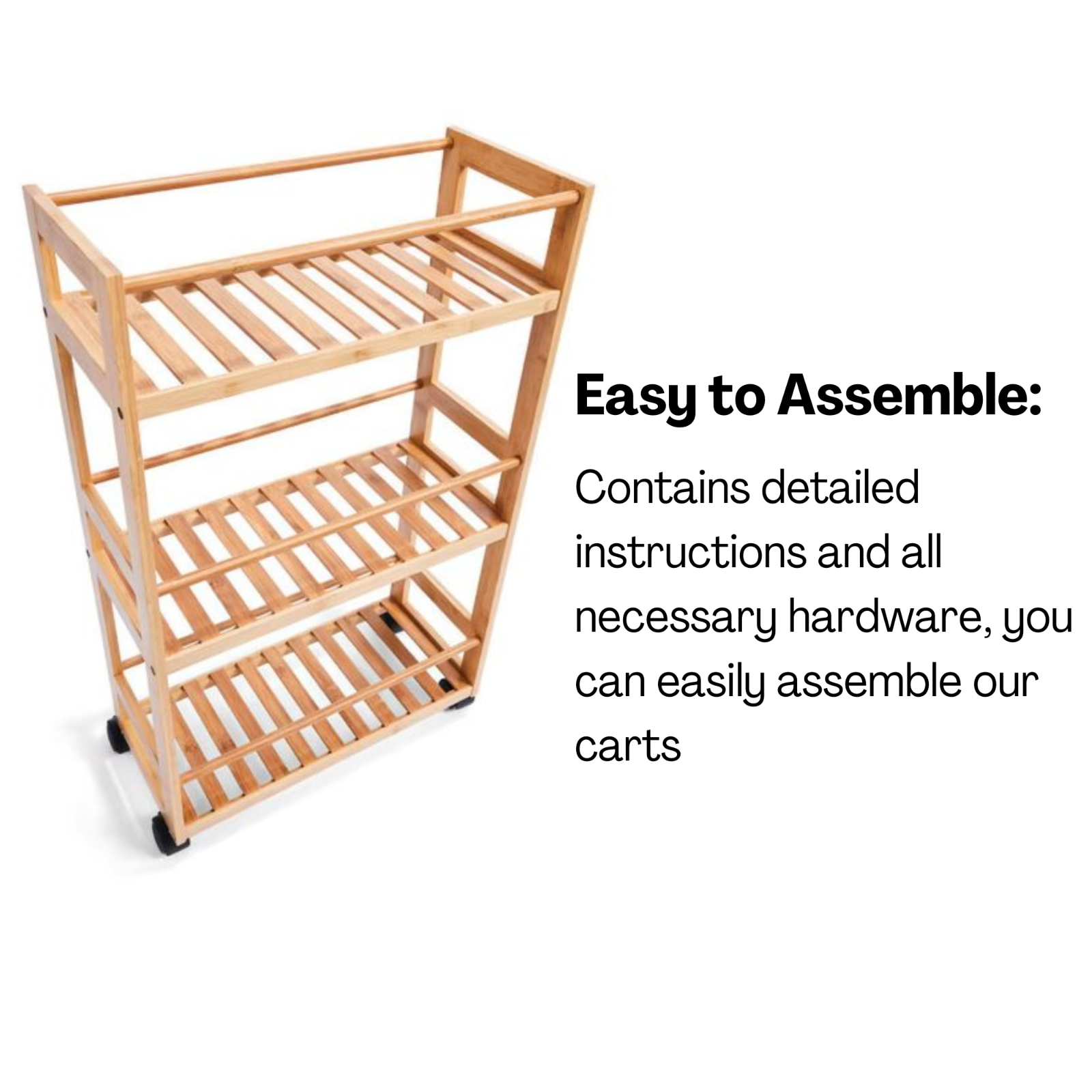 3 Shelf Bamboo Slimline Trolley with Wheels