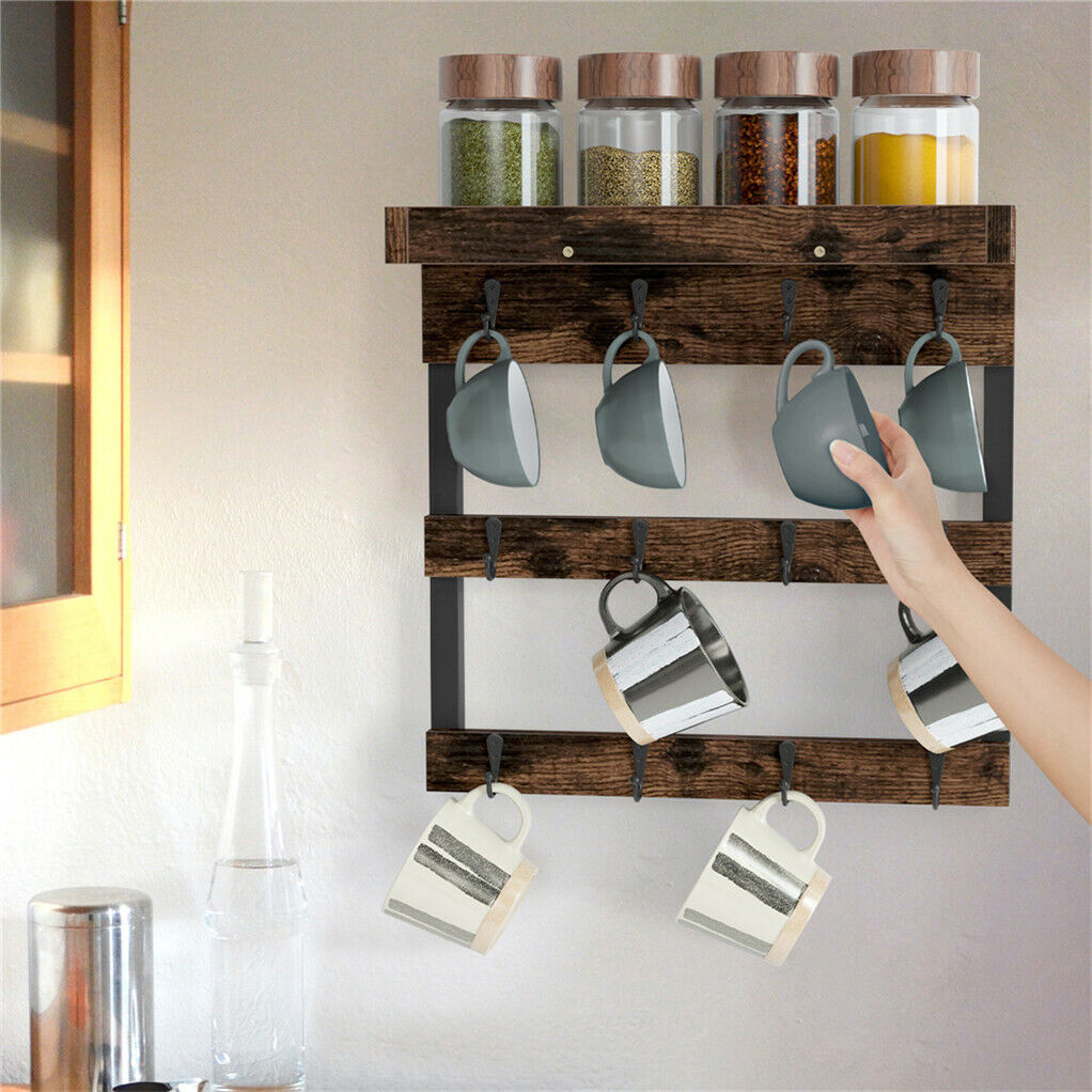 12 Hook Wall Mounted Coffee Mug Rack Holder