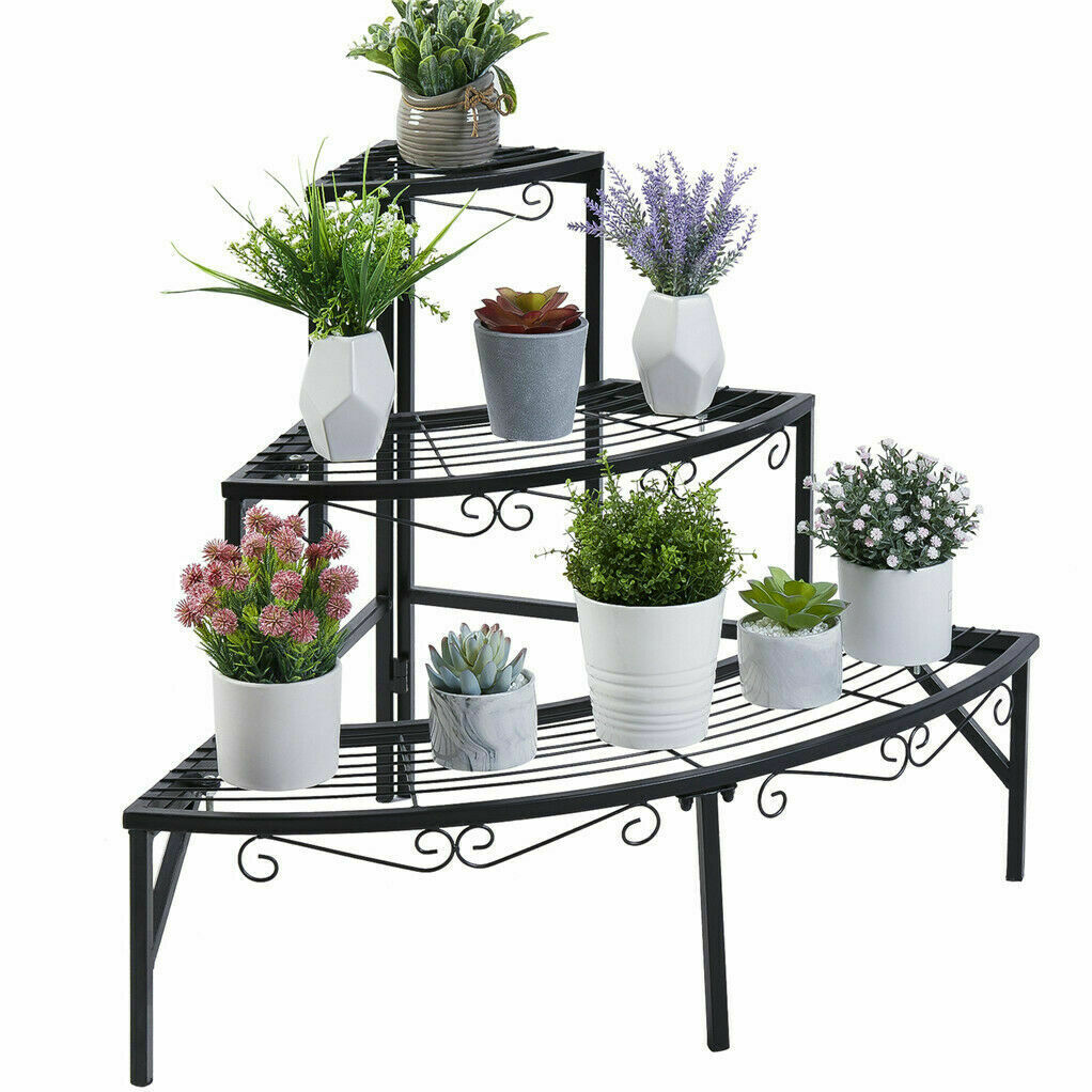 3 Tier Metal Corner Plant Stand Flower Shelf 360° Display Rack Patio Garden Home