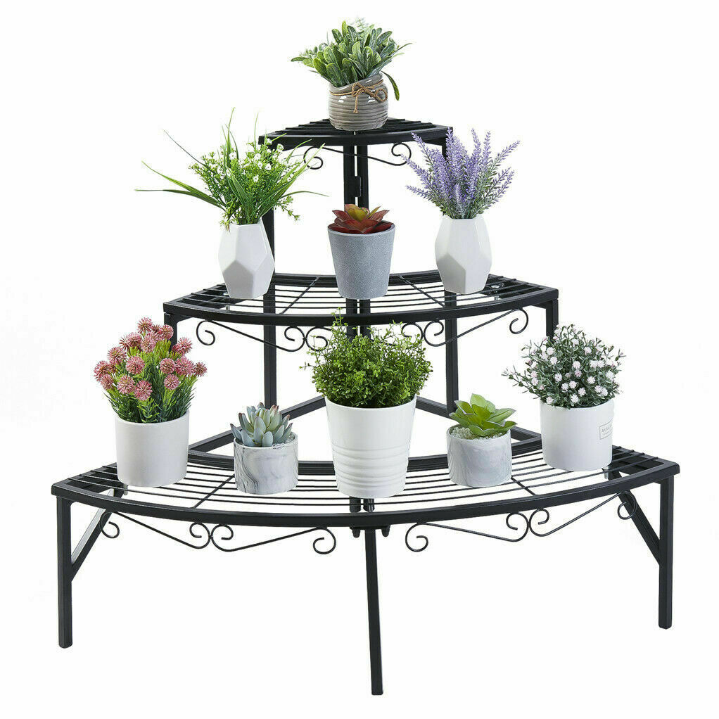 3 Tier Metal Corner Plant Stand Flower Shelf 360° Display Rack Patio Garden Home