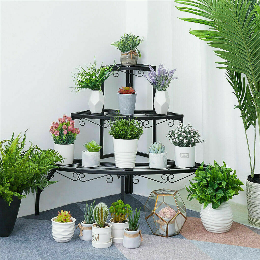 3 Tier Metal Corner Plant Stand Flower Shelf 360° Display Rack Patio Garden Home