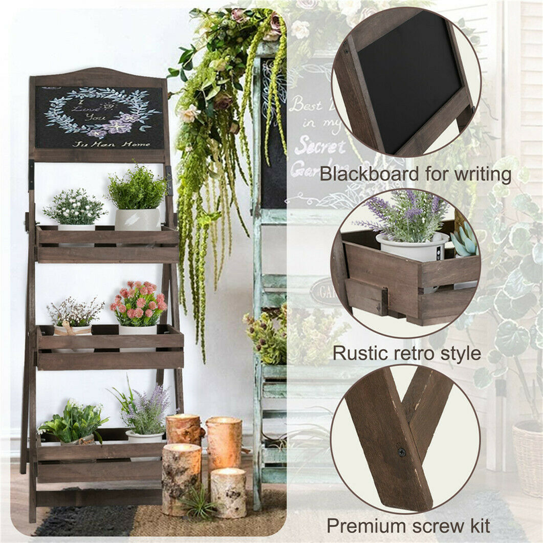 3-Tier Planter Pot Stand Shelf Display Garden Botanical Chalkboard Unit Ladder