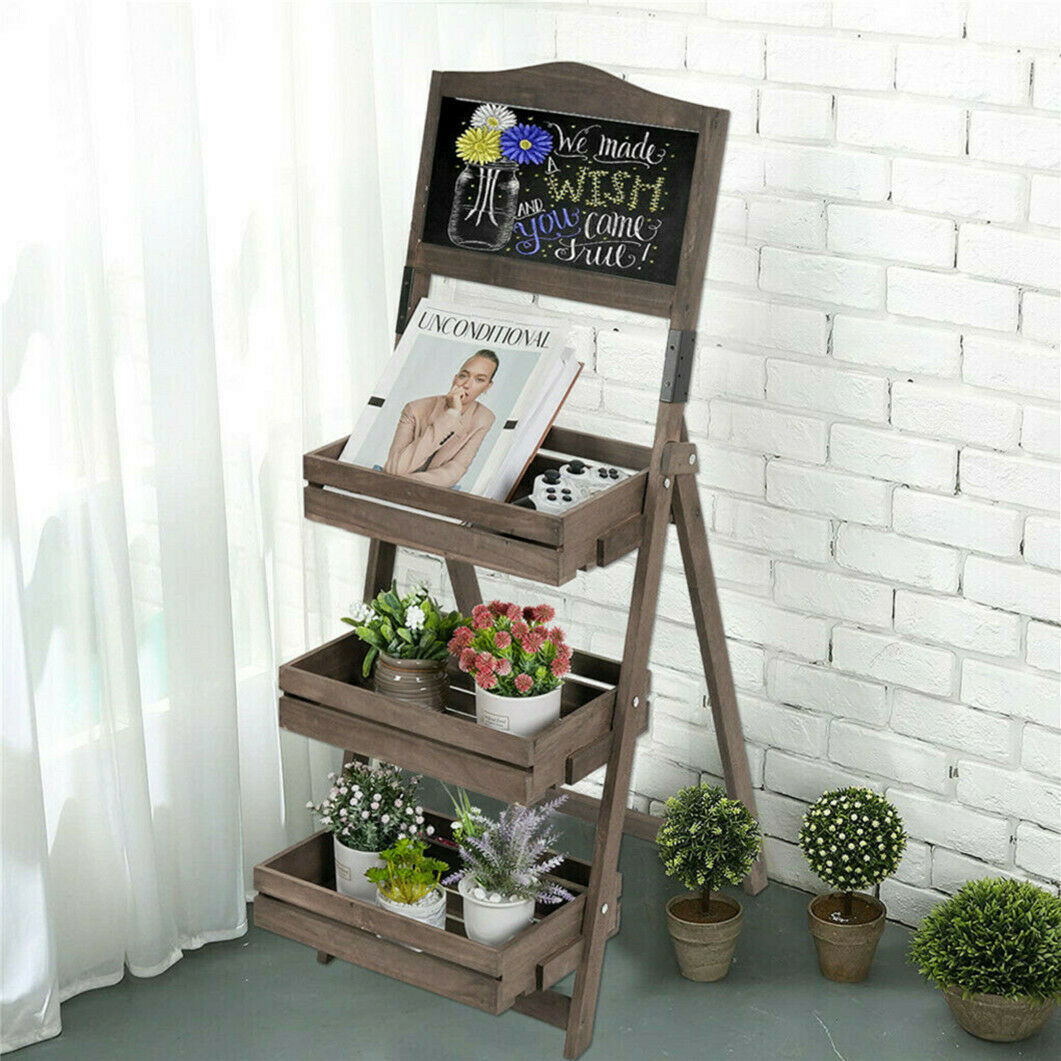 3-Tier Planter Pot Stand Shelf Display Garden Botanical Chalkboard Unit Ladder