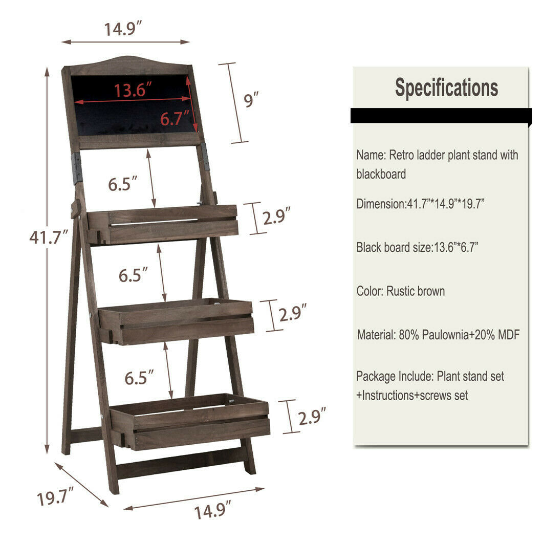 3-Tier Planter Pot Stand Shelf Display Garden Botanical Chalkboard Unit Ladder