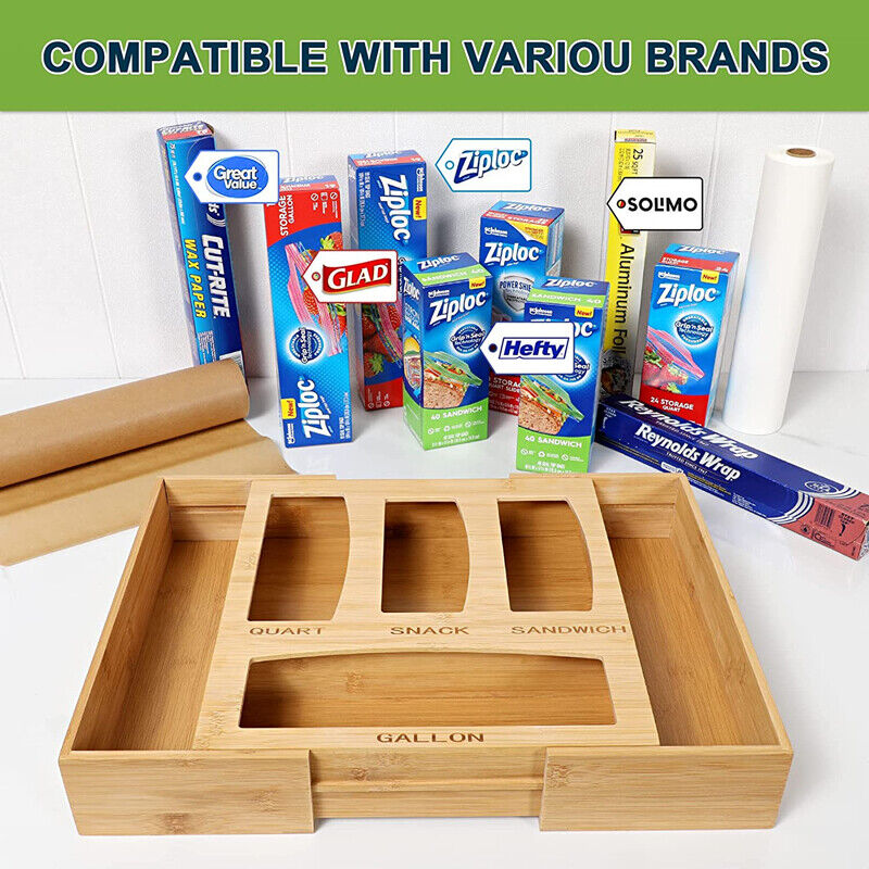 Ziplock Bag Storage Organizer Bamboo Holder