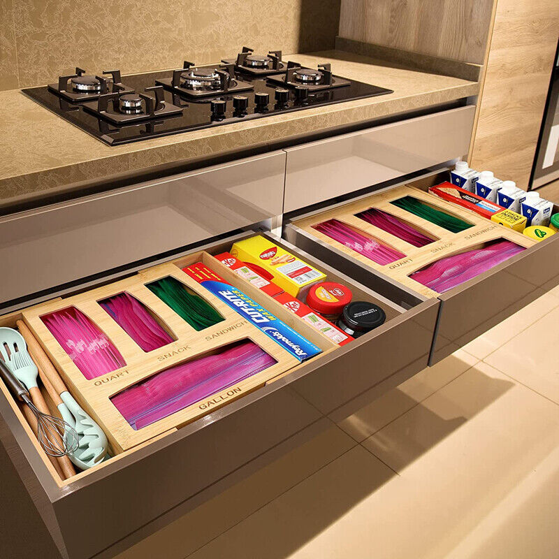 Ziplock Bag Storage Organizer Bamboo Holder