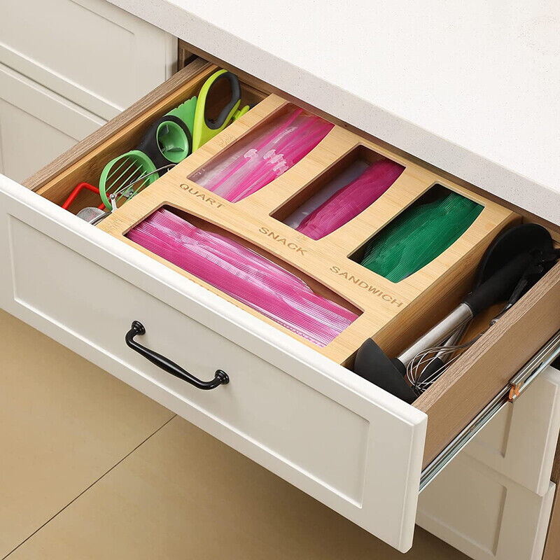 Ziplock Bag Storage Organizer Bamboo Holder