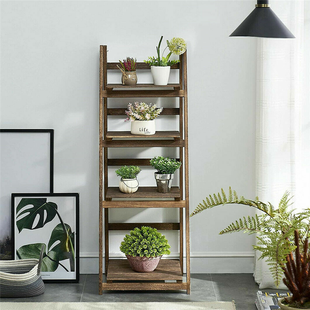 Retro 4 Tier Wooden Ladder Bookcase Folding Book Shelf Plant Stand