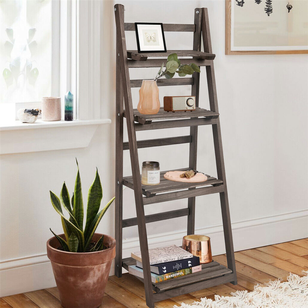 Retro 4 Tier Wooden Ladder Bookcase Folding Book Shelf Plant Stand