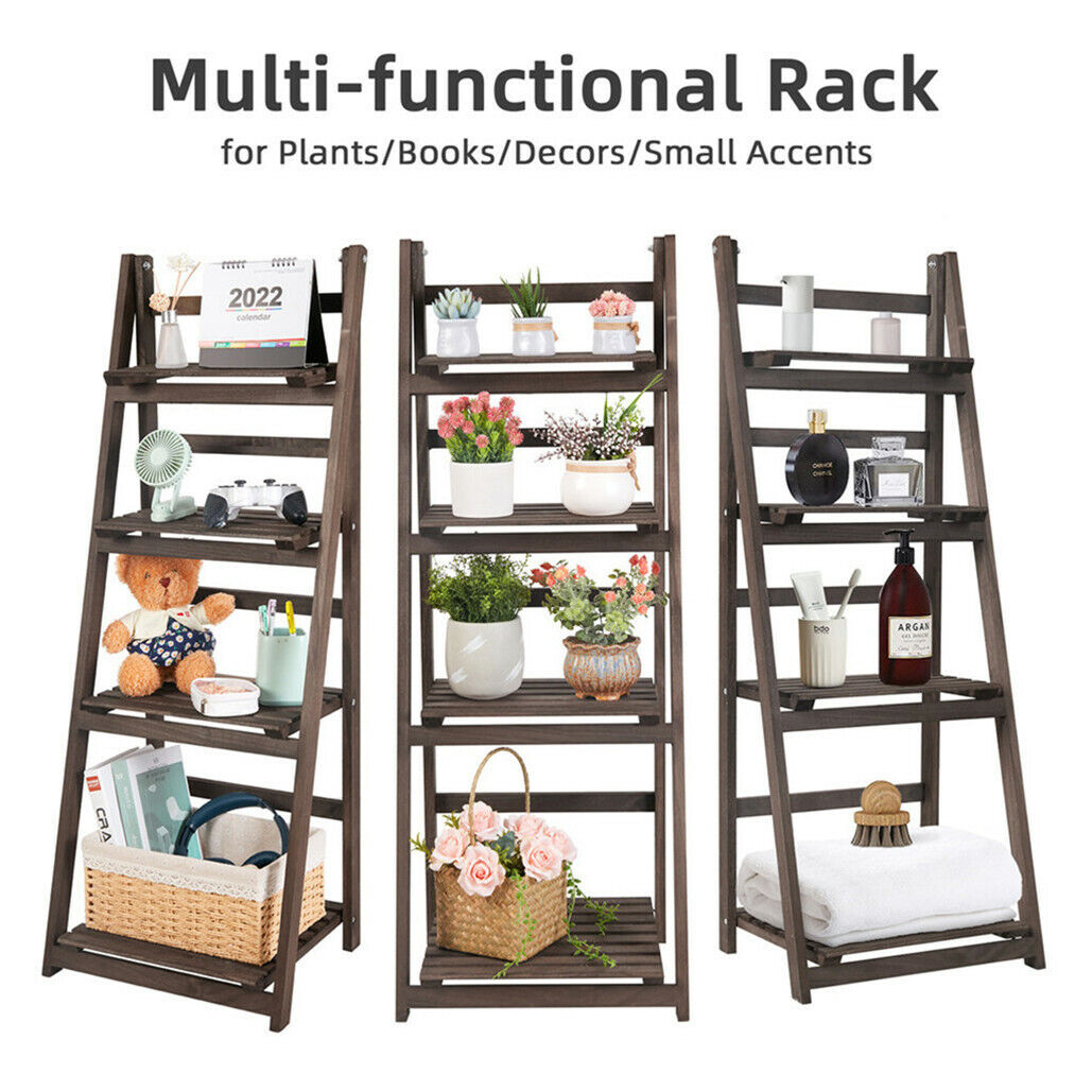Retro 4 Tier Wooden Ladder Bookcase Folding Book Shelf Plant Stand