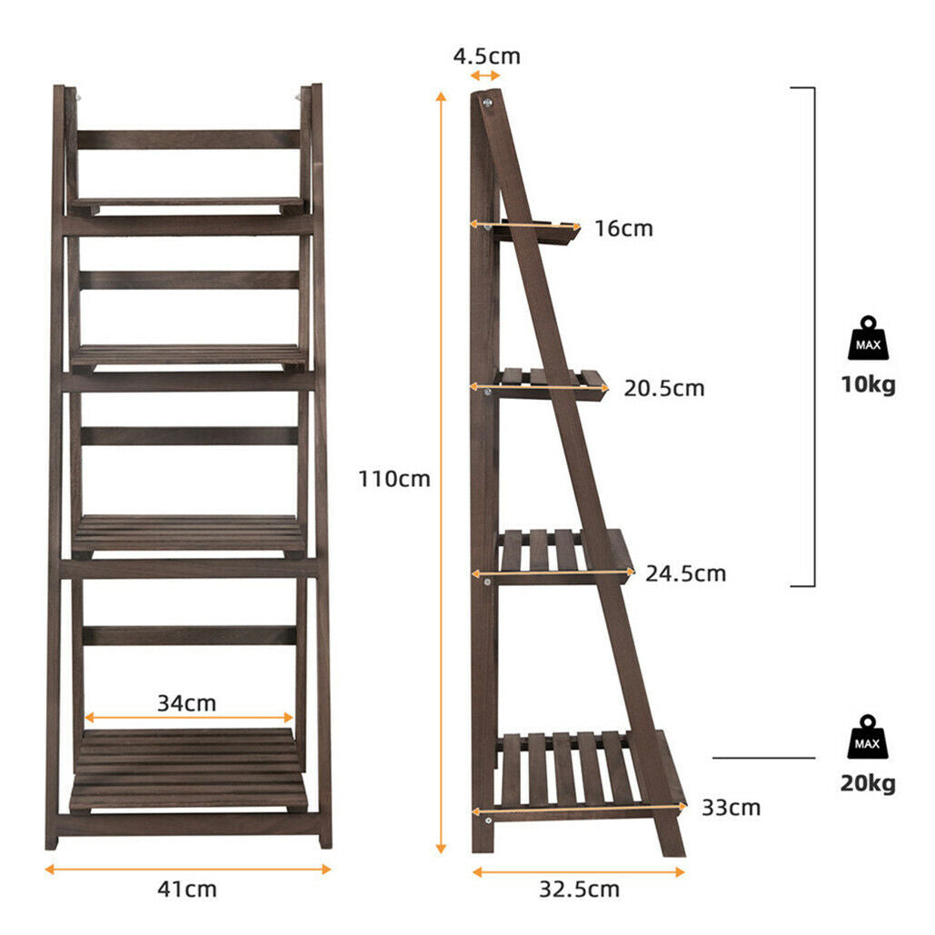 Retro 4 Tier Wooden Ladder Bookcase Folding Book Shelf Plant Stand