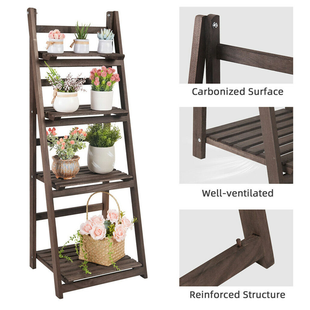 Retro 4 Tier Wooden Ladder Bookcase Folding Book Shelf Plant Stand