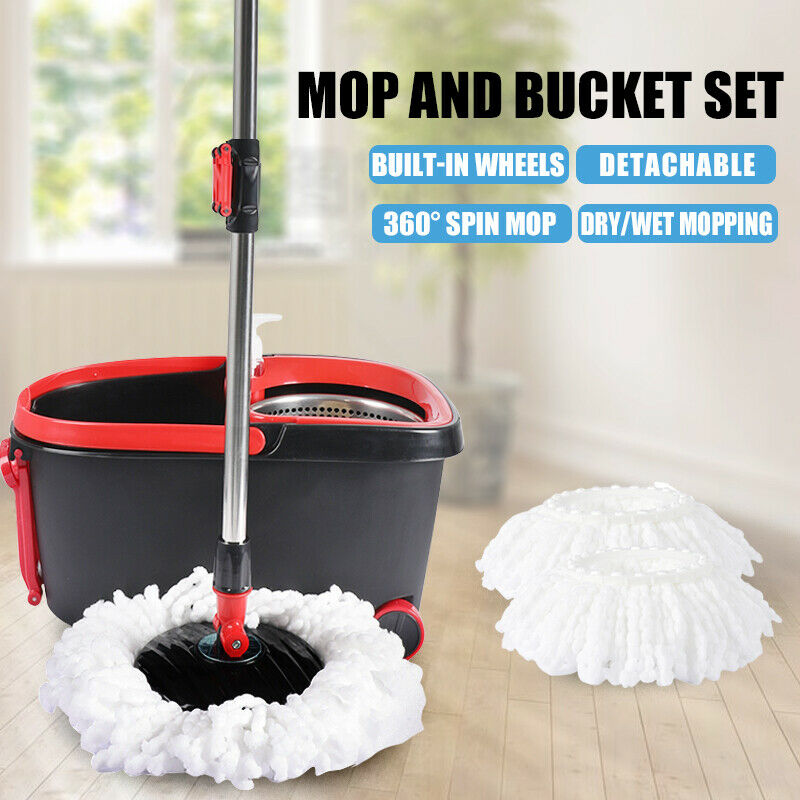 Spinning Mop Stainless Steel Bucket Easy Clean 2 Free Spin Mop Heads