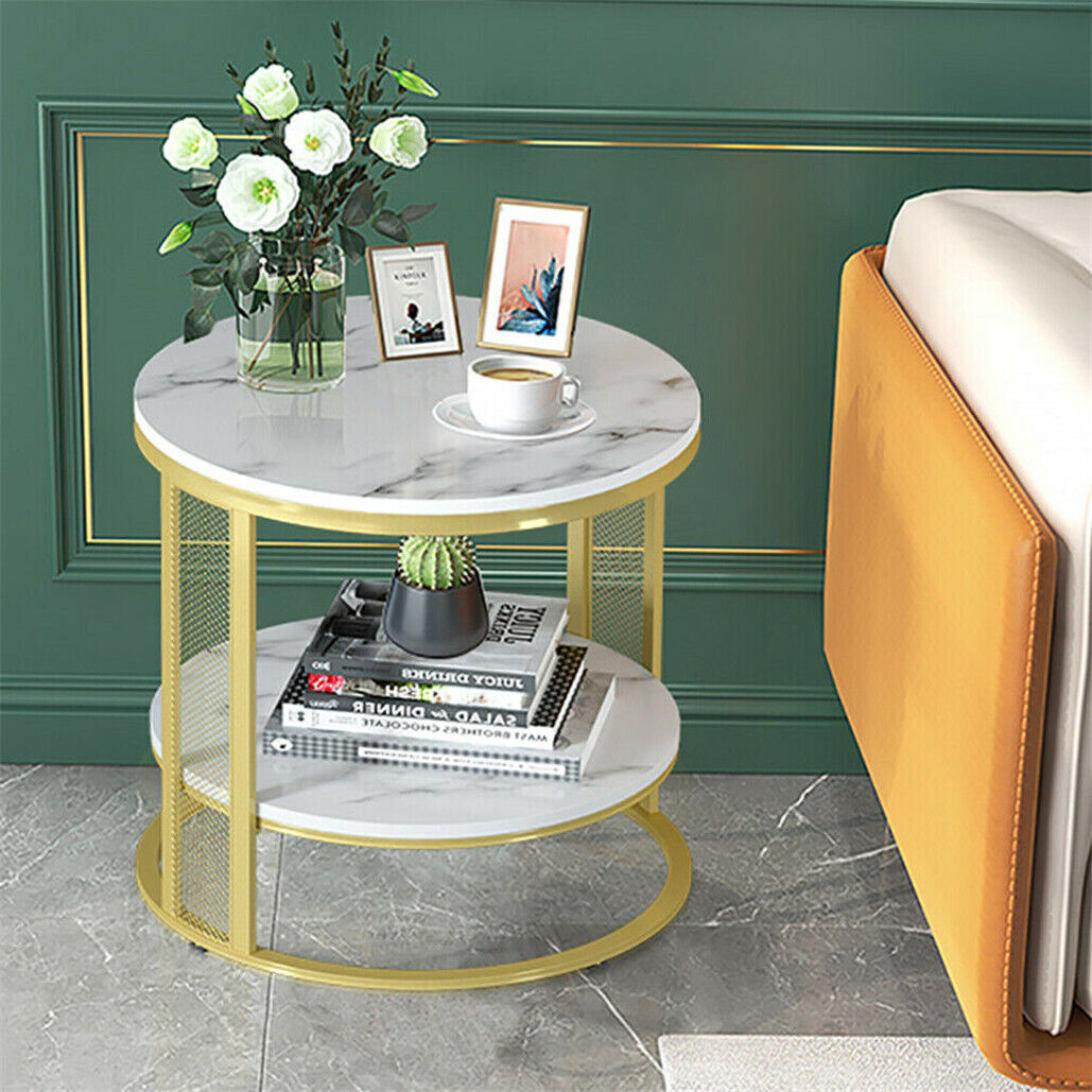 White Marble Side End Table Round Coffee Accent Table