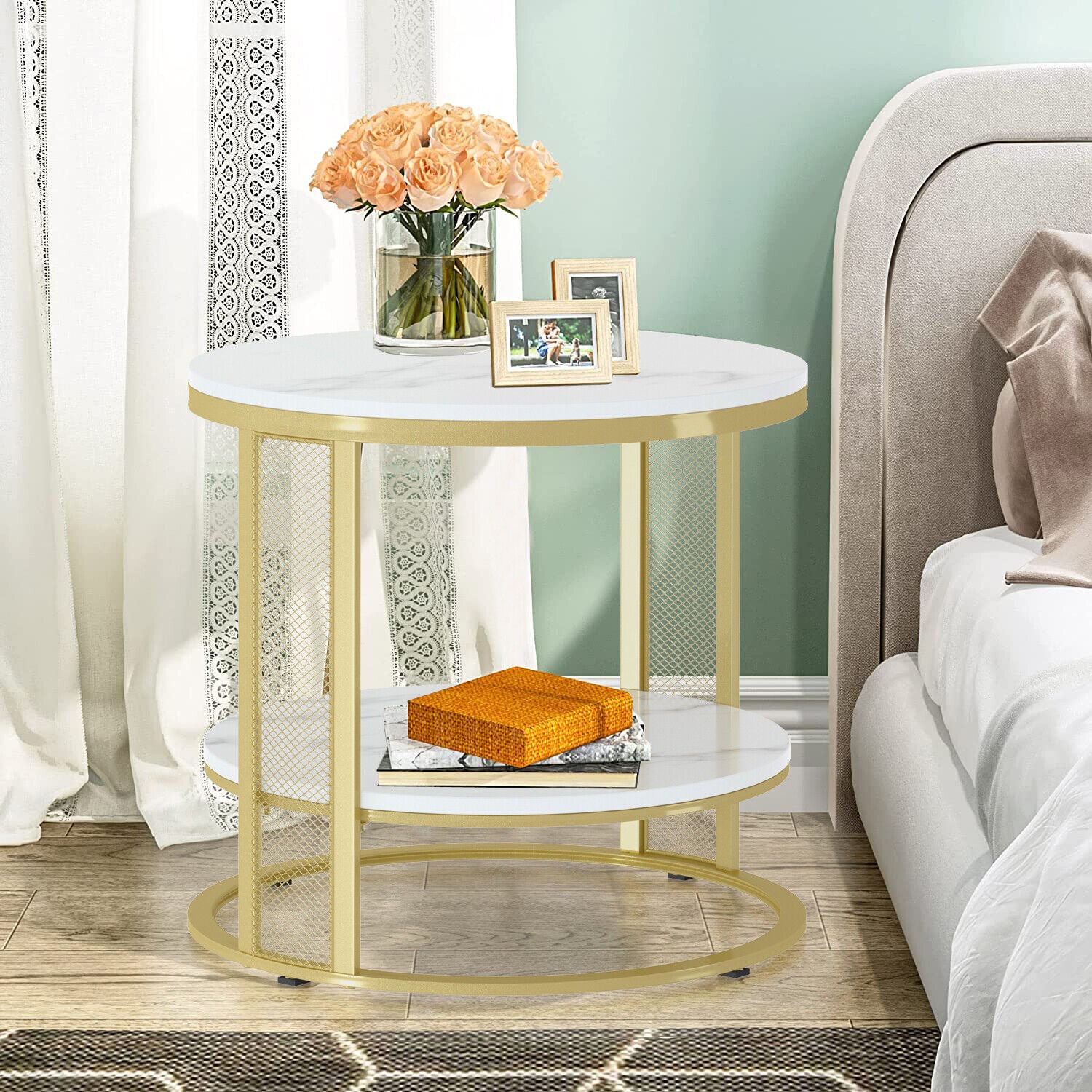 White Marble Side End Table Round Coffee Accent Table