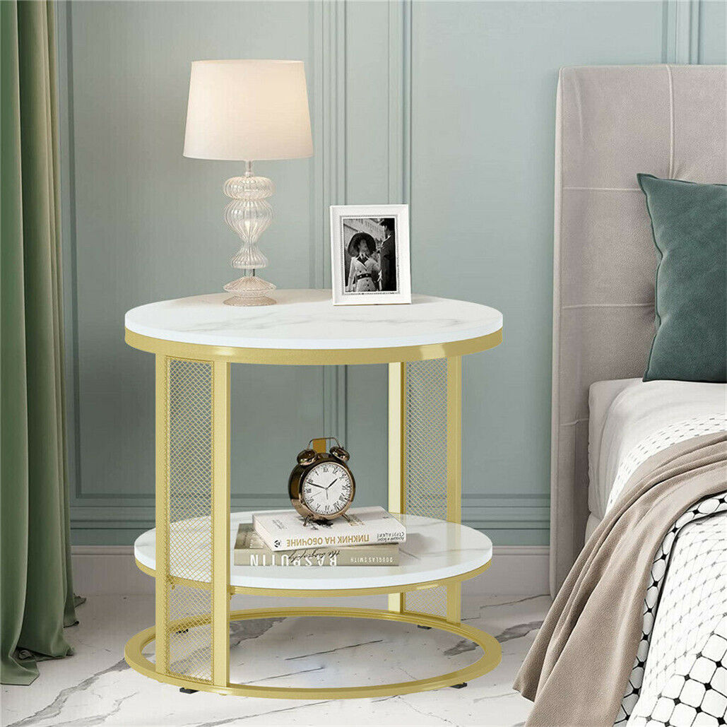 White Marble Side End Table Round Coffee Accent Table
