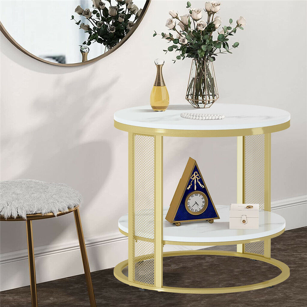 White Marble Side End Table Round Coffee Accent Table