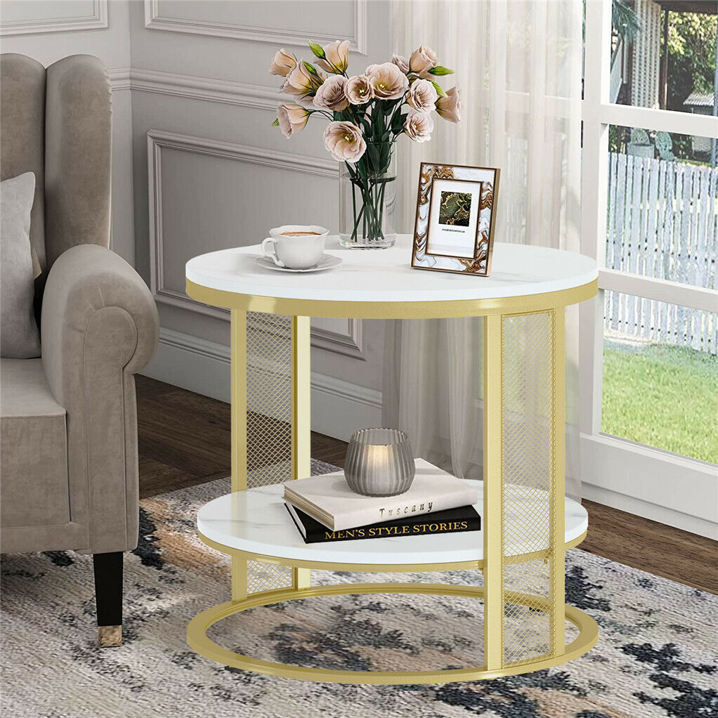 White Marble Side End Table Round Coffee Accent Table