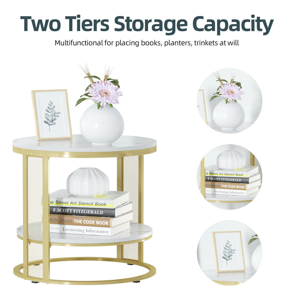 White Marble Side End Table Round Coffee Accent Table