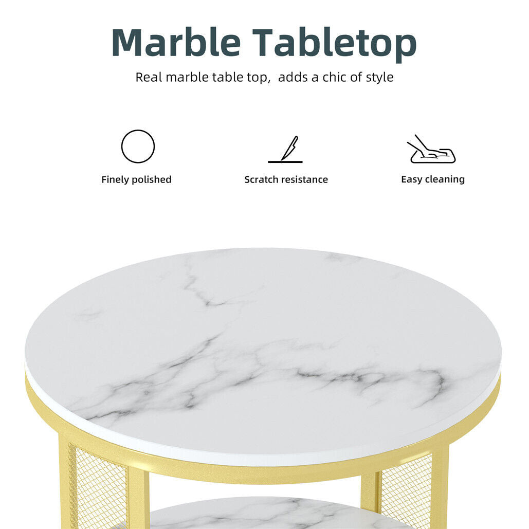White Marble Side End Table Round Coffee Accent Table