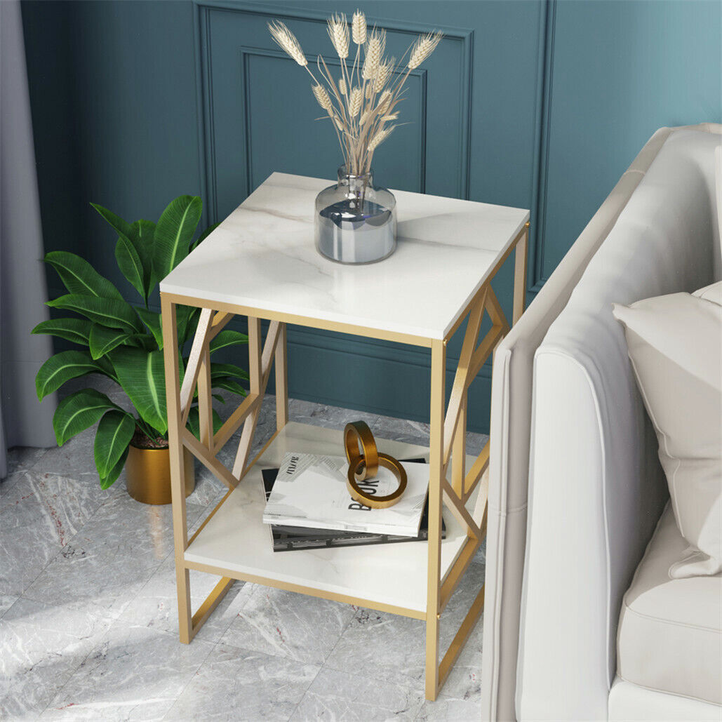 White Marble Gold Side Table End Accent Table