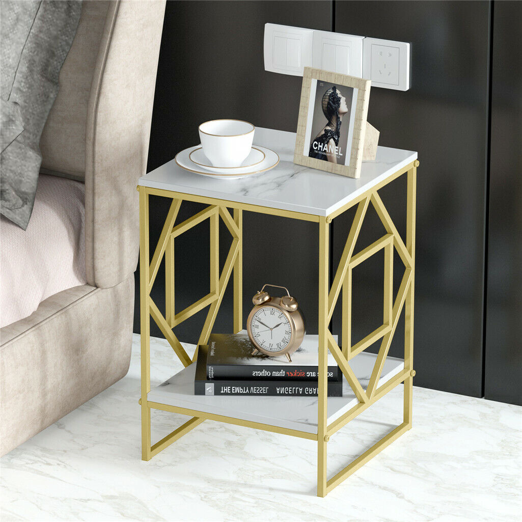 White Marble Gold Side Table End Accent Table