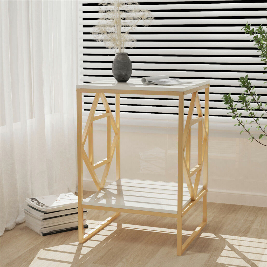 White Marble Gold Side Table End Accent Table