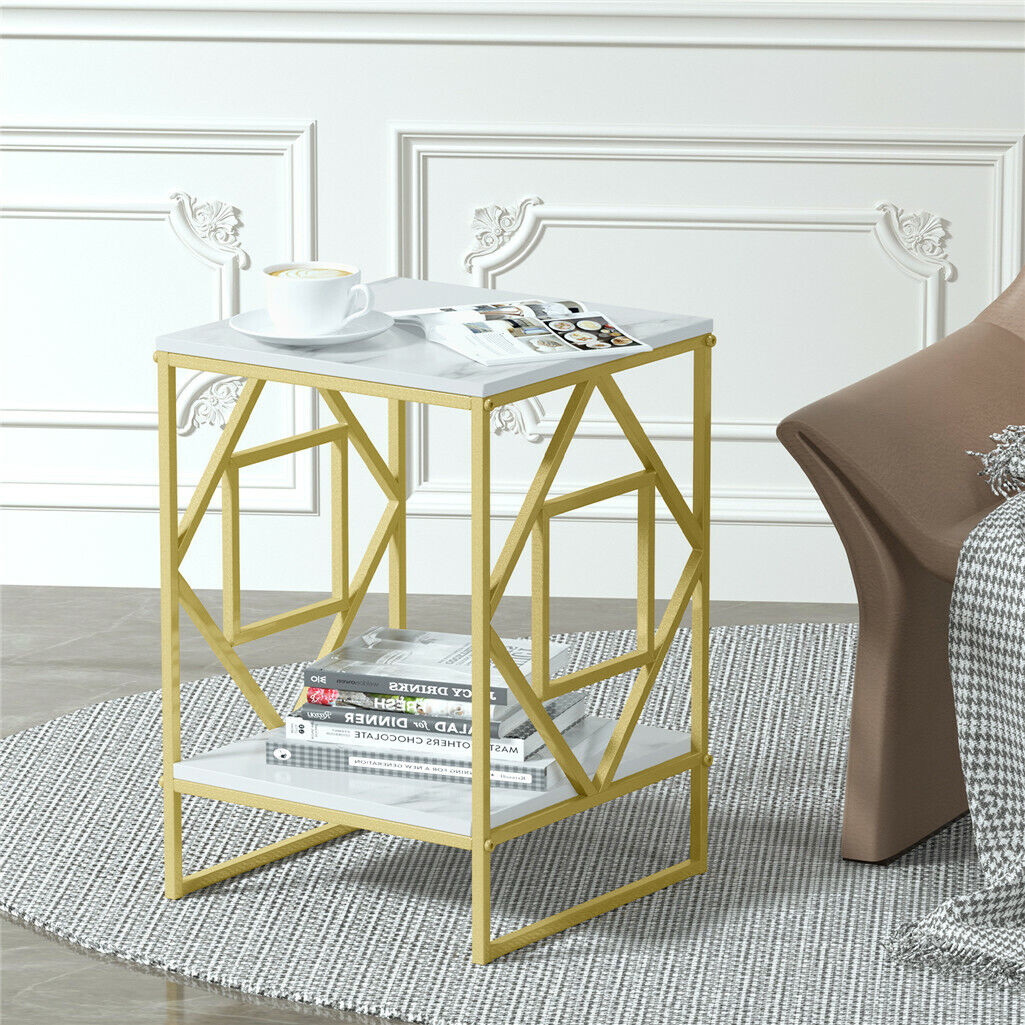 White Marble Gold Side Table End Accent Table
