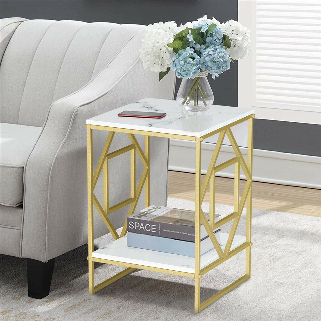 White Marble Gold Side Table End Accent Table