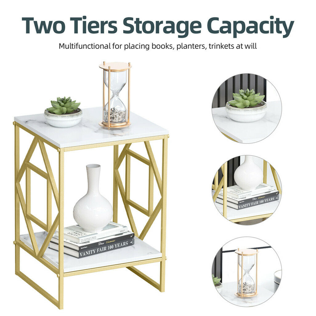 White Marble Gold Side Table End Accent Table