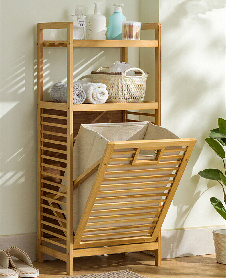 Bamboo Laundry Hamper Tilt Out Clothes Basket Shelf Organizer