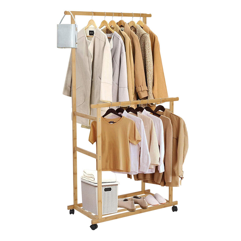 Rolling Bamboo Clothes Rack Clothing Storage Shelf