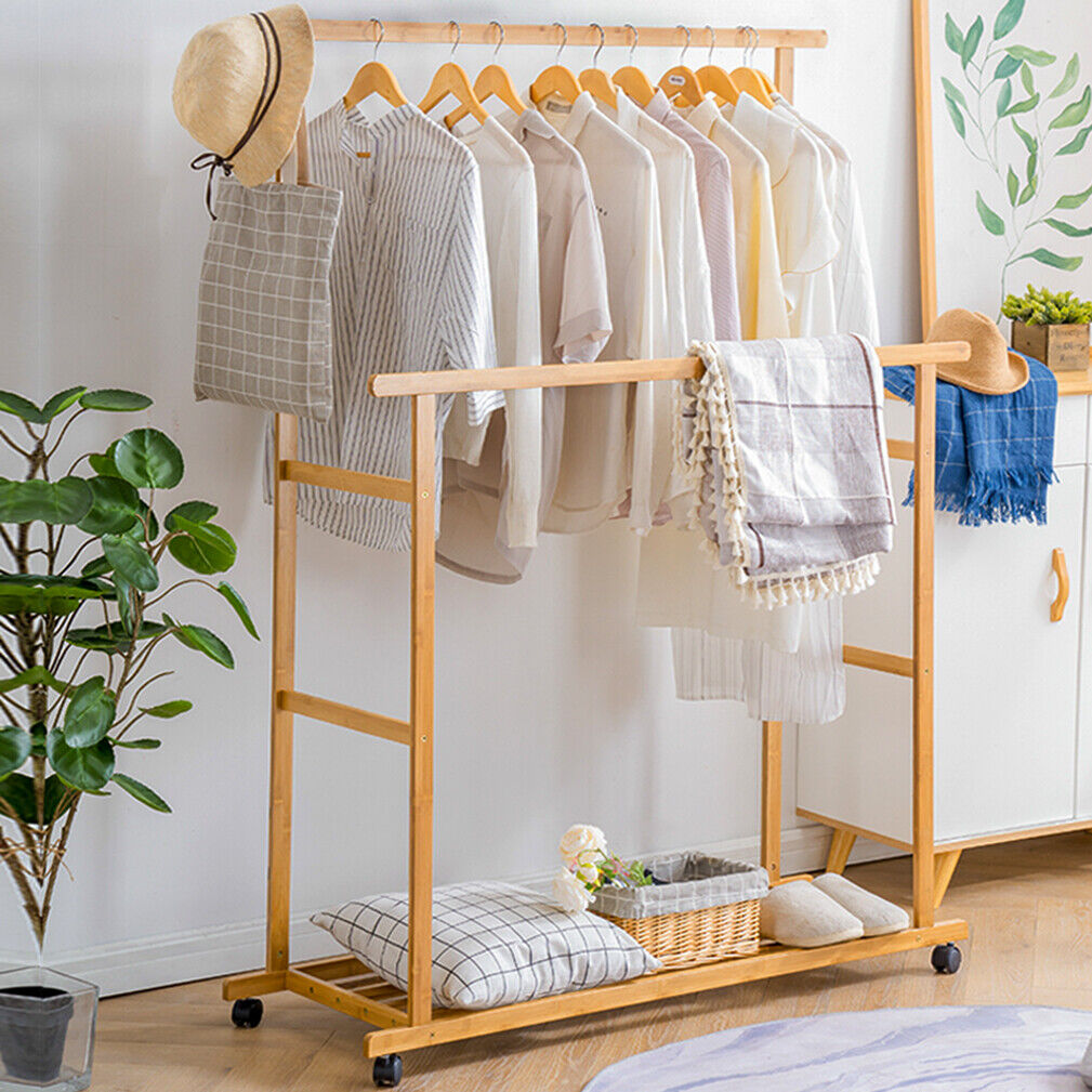 Rolling Bamboo Clothes Rack Clothing Storage Shelf