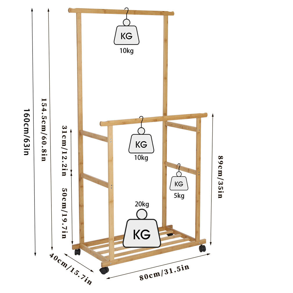 Rolling Bamboo Clothes Rack Clothing Storage Shelf