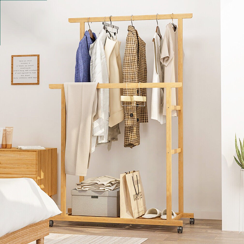 Rolling Bamboo Clothes Rack Clothing Storage Shelf