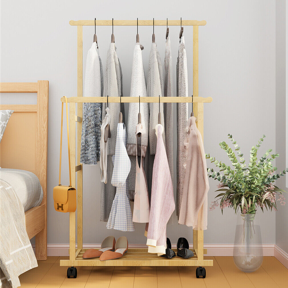 Rolling Bamboo Clothes Rack Clothing Storage Shelf