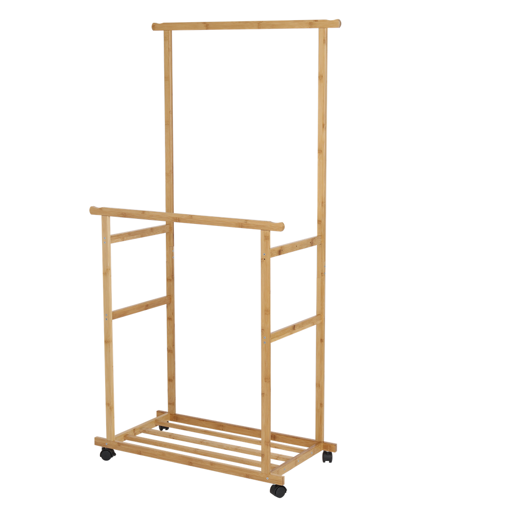 Rolling Bamboo Clothes Rack Clothing Storage Shelf