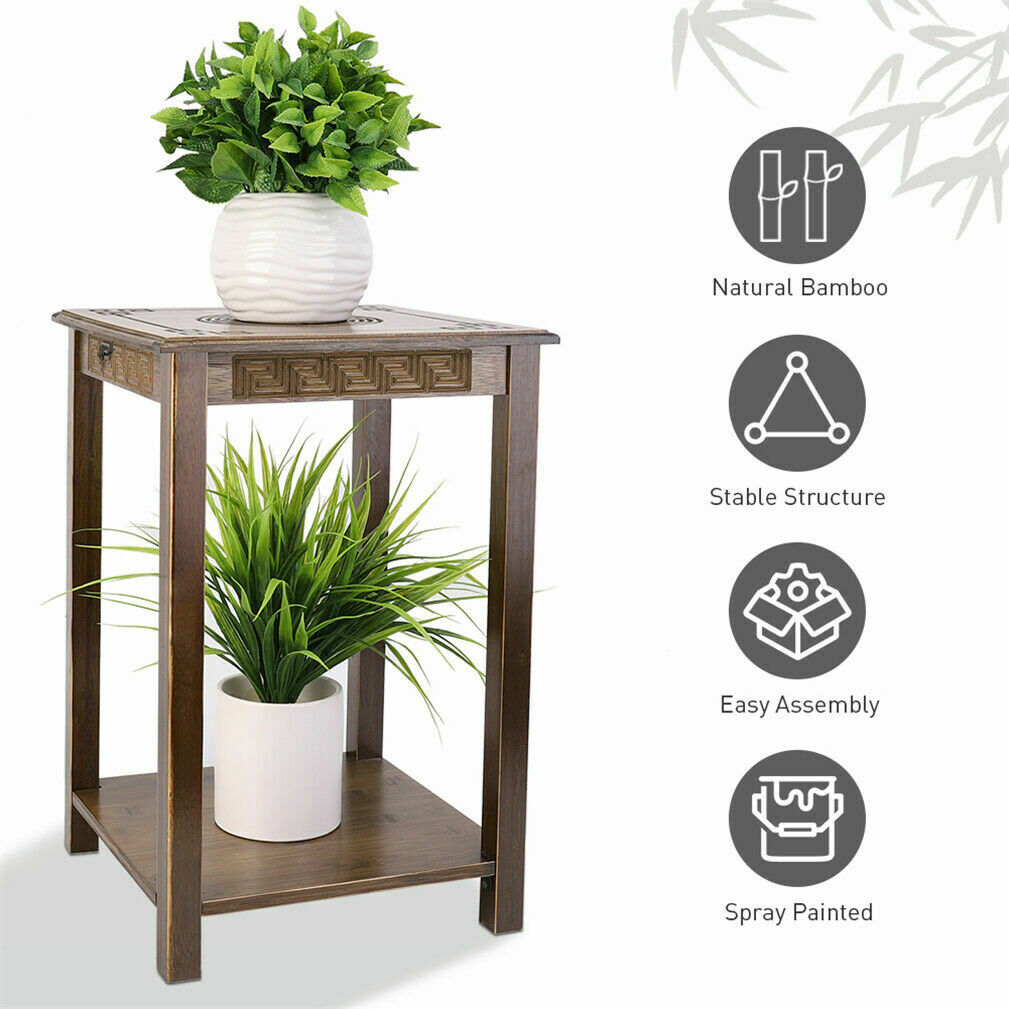 2/3Tier End Table Bamboo Square Oriental Table Bedside Chairside Table Furniture