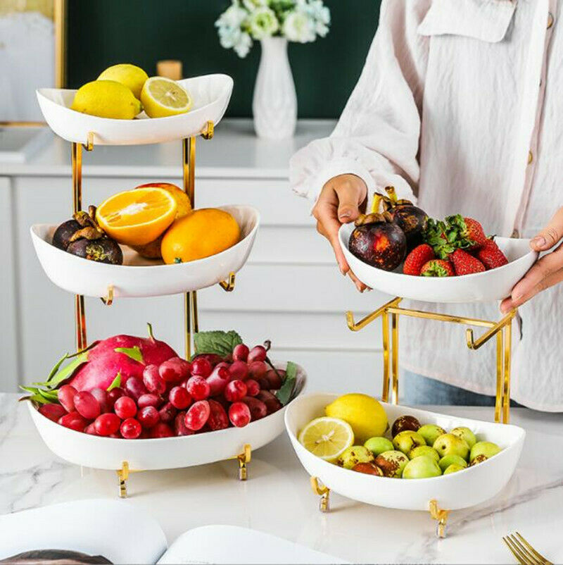 3 Tier Ceramic Fruit Bowl Metal Stand